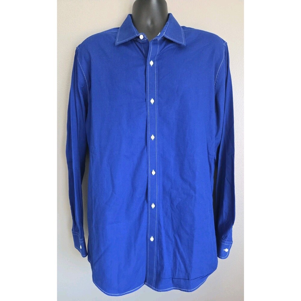 MTailor Men's Custom Dress Shirt XL 17.5 37.5 Royal Blue Contrast Stitch, Cotton